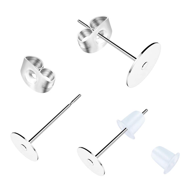 VERACT Earring Posts Stainless Steel, 500Pcs Hypoallergenic Flat Pad Earring Studs (4mm, 6mm) with Butterfly and Rubber Bullet Earring Backs for Jewelry Making Findings - Image 3